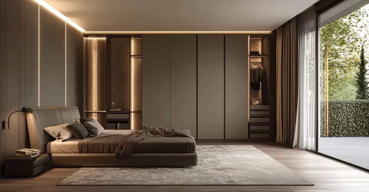 Contemporary bedroom with built-in wardrobes and integrated lighting in neutral tones