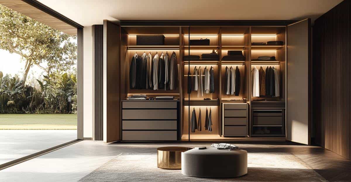 Open fitted wardrobe with LED lighting and drawer storage in a sleek modern bedroom