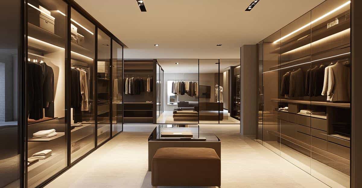 Luxury walk-in wardrobe with glass doors and dark wood shelving in a modern interior