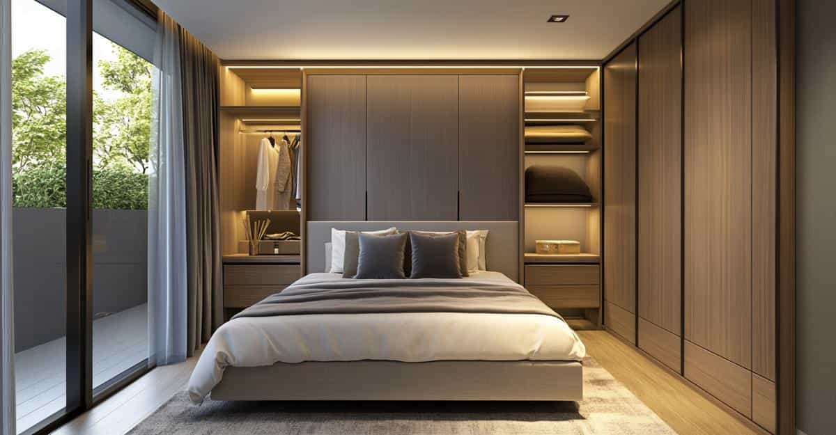 Stylish bedroom with built-in wardrobes and wooden finishes near a large glass door