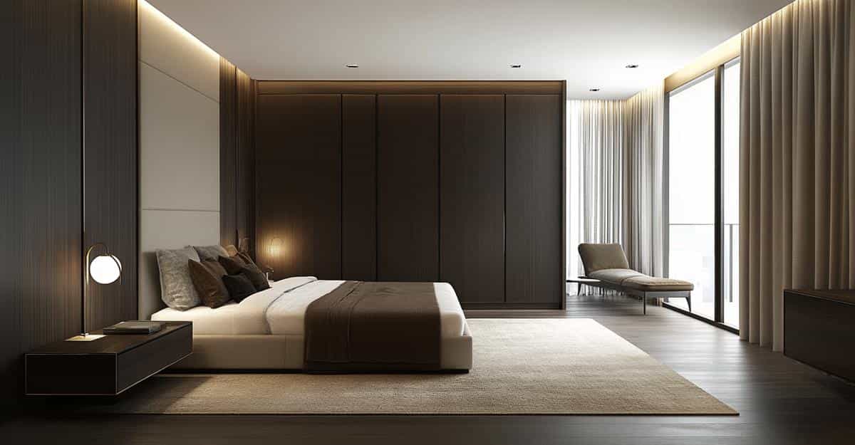 Modern bedroom with dark floor-to-ceiling wardrobes and minimalist furniture