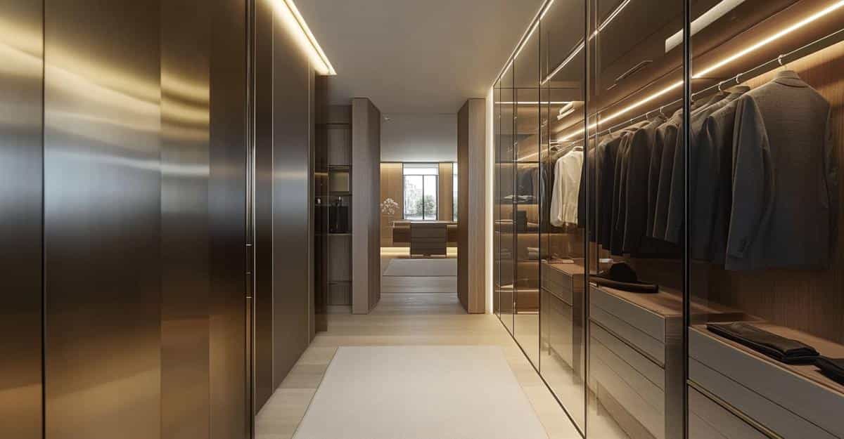 High-end dressing room with glass wardrobe fronts and soft ambient lighting