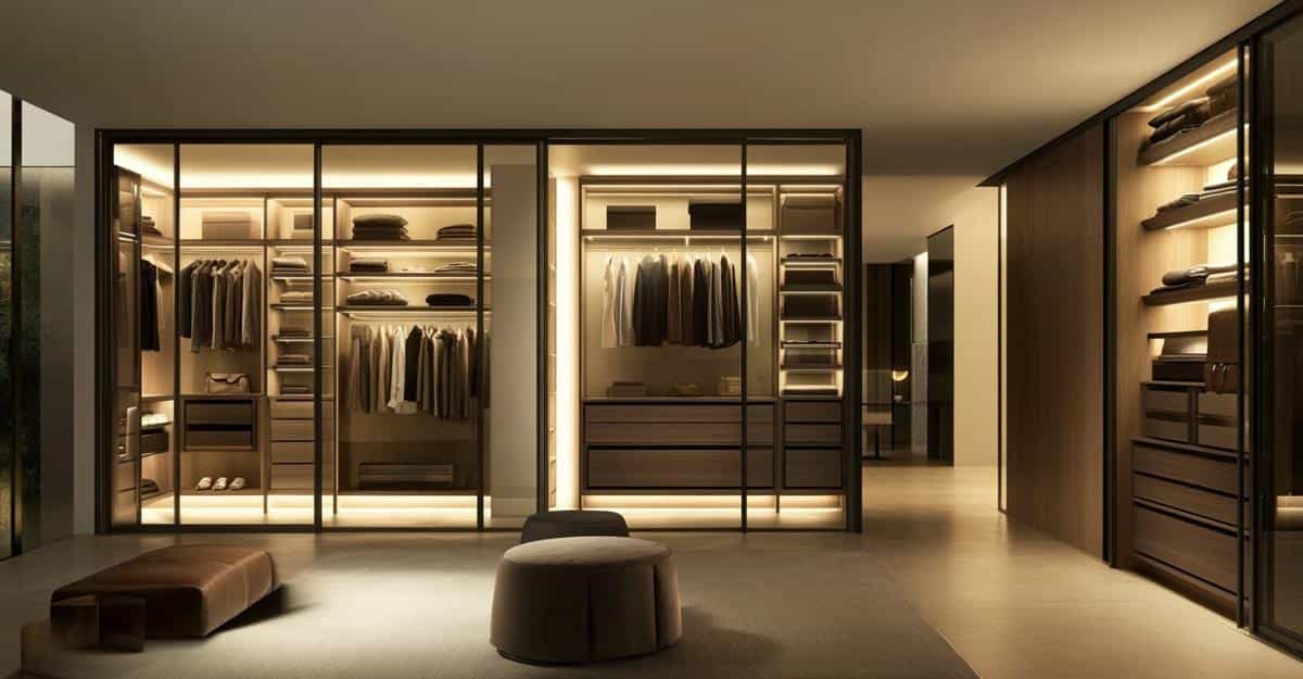 Modern glass wardrobe with beige and brown finishes in a high-end dressing area