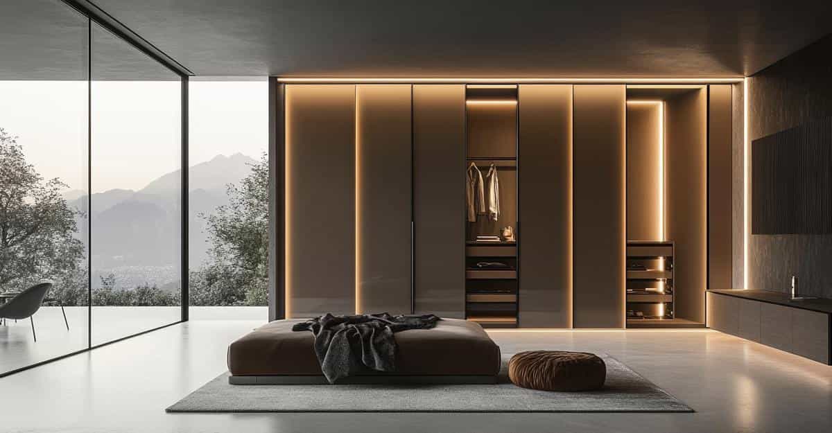 Minimalist bedroom with brown fitted wardrobes and full-height glass doors
