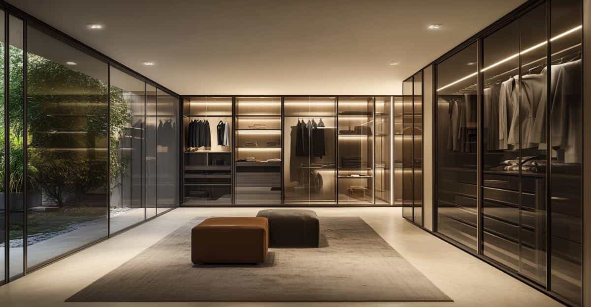 Glass walk-in wardrobe with ambient lighting and dual ottomans in a luxury interior