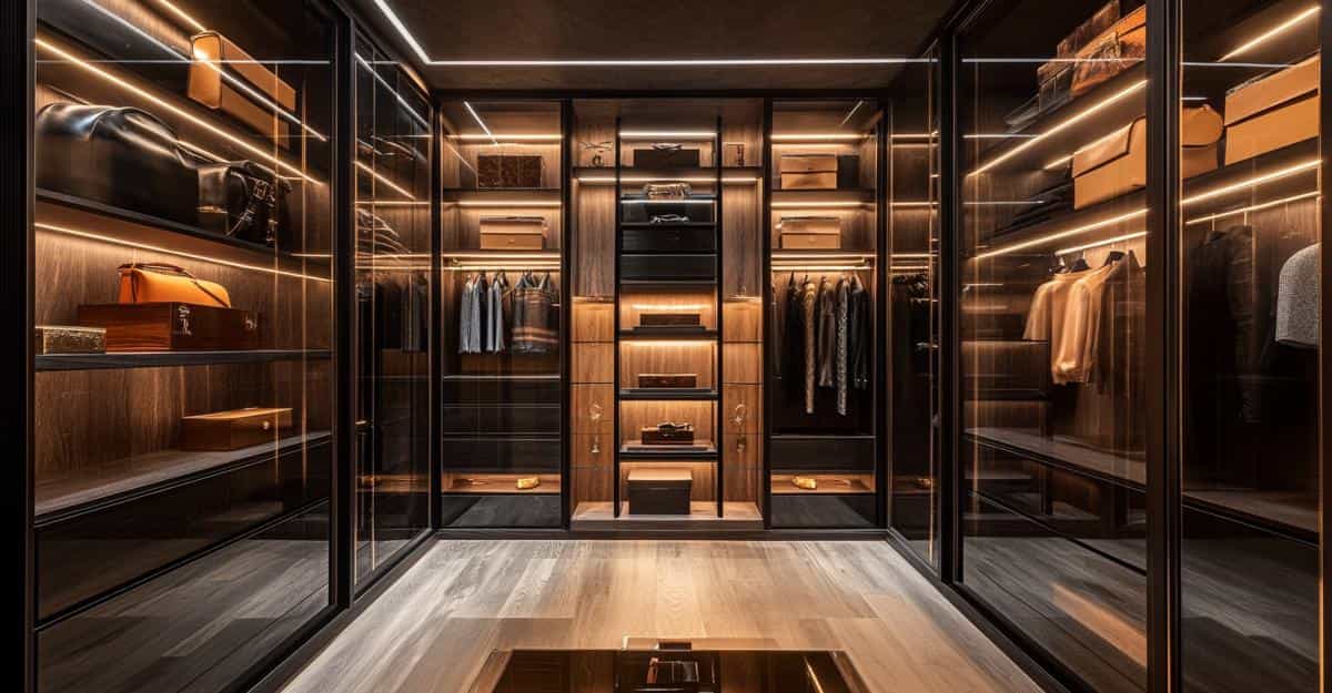Dark wood walk-in wardrobe with LED shelves and luxury handbag display