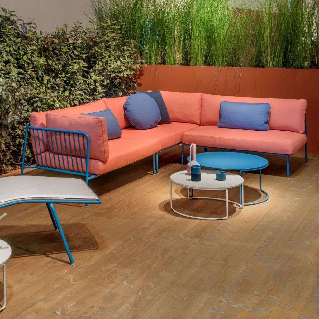 Pedrali colorful outdoor seating arrangement with blue and orange accents.