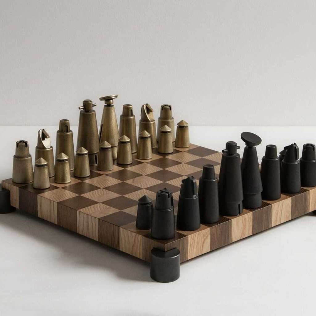 District Eight chess set featuring brass and black wood pieces on a checkerboard table.