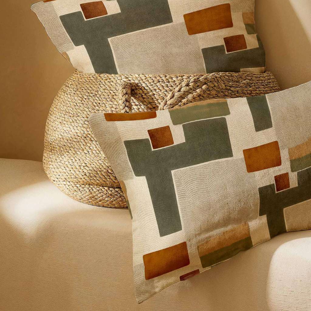 Abstract geometric patterned cushions in warm tones by Coordonne.