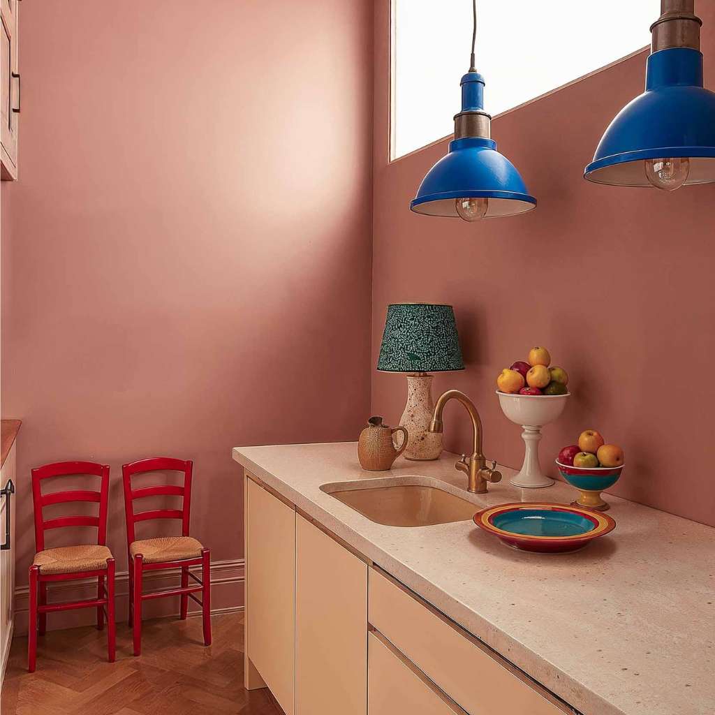 Blush pink kitchen with blue pendant lights and beige cabinetry by Coordonne.
