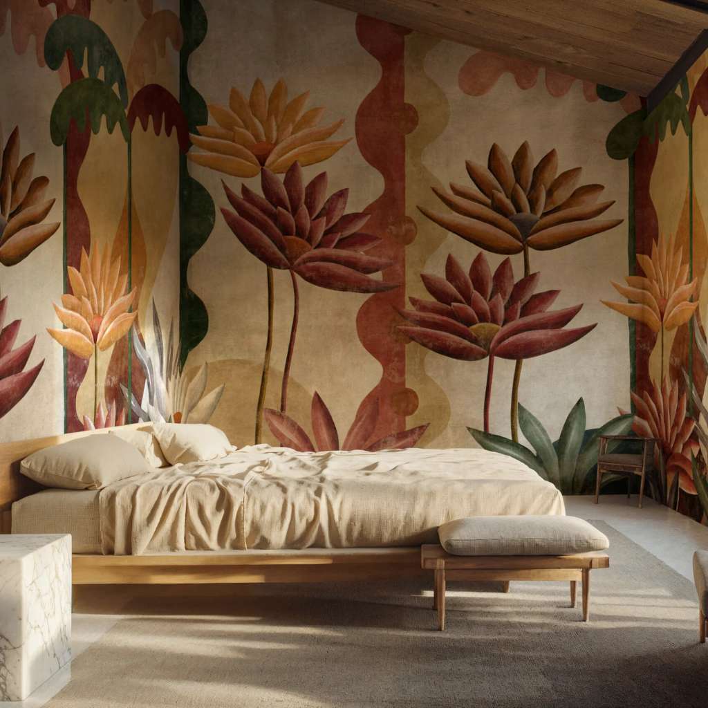 Bold floral wall mural in warm earthy tones for bedroom by Coordonne.