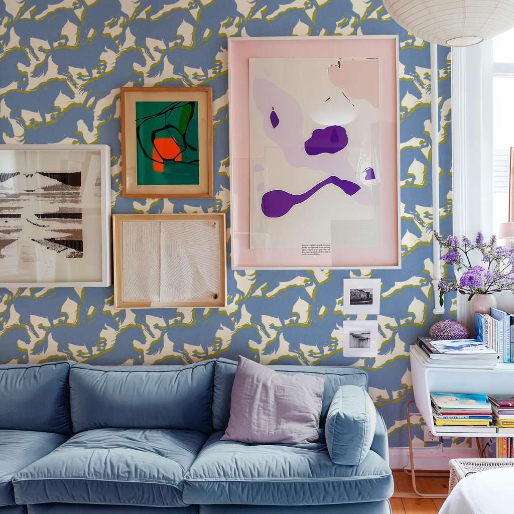 Playful blue wallpaper with galloping horse pattern by Coordonne.
