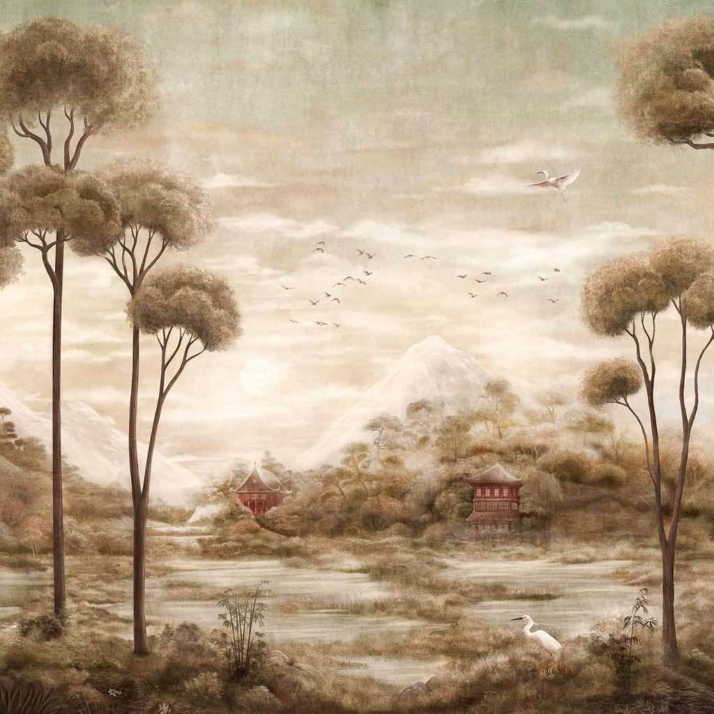 Tranquil landscape wall mural with trees and mountains by Coordonne.