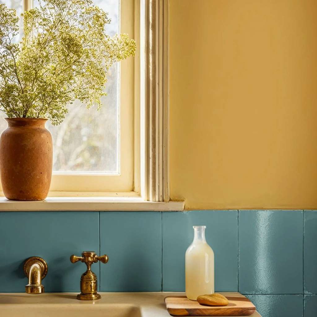 Vintage-style kitchen with yellow walls and blue tiles by Coordonne.