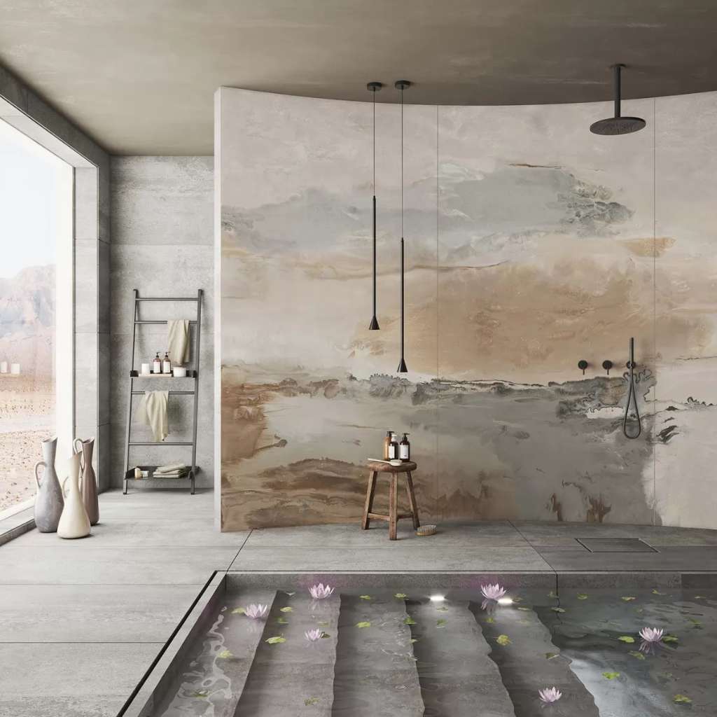 Tecnografica's serene bathroom design with artistic wall murals and modern lighting.