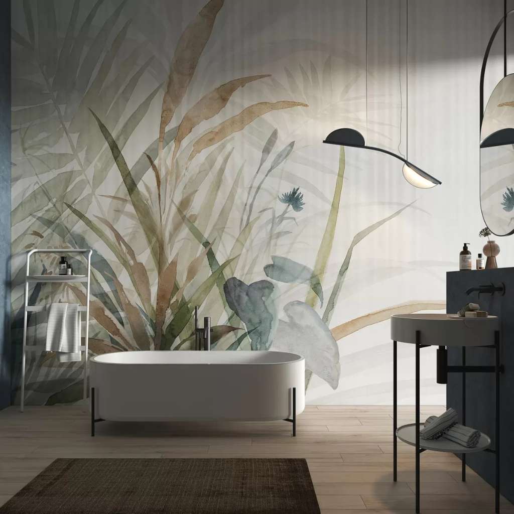 Tecnografica's bathroom design featuring soft pastel wall murals and sleek fixtures.