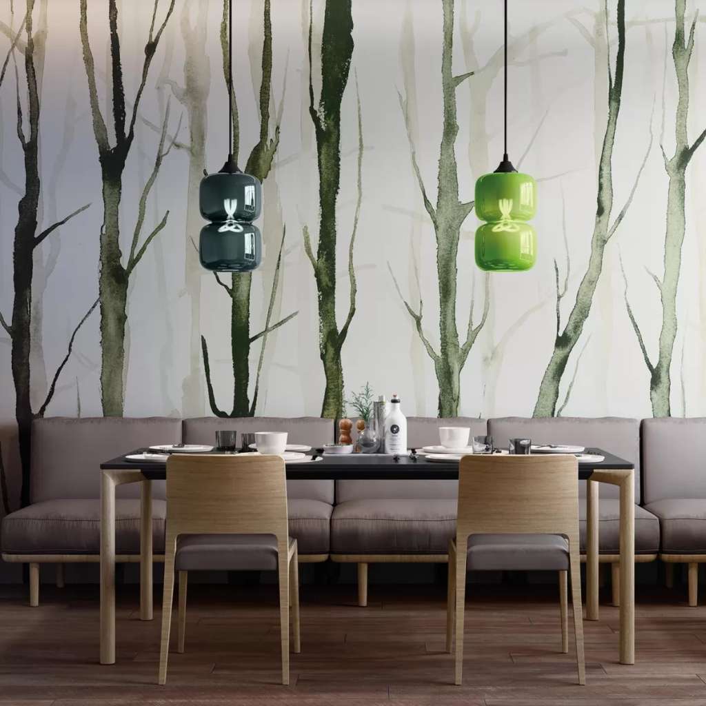Tecnografica’s unique dining room with greenery-inspired wall murals and modern pendants.