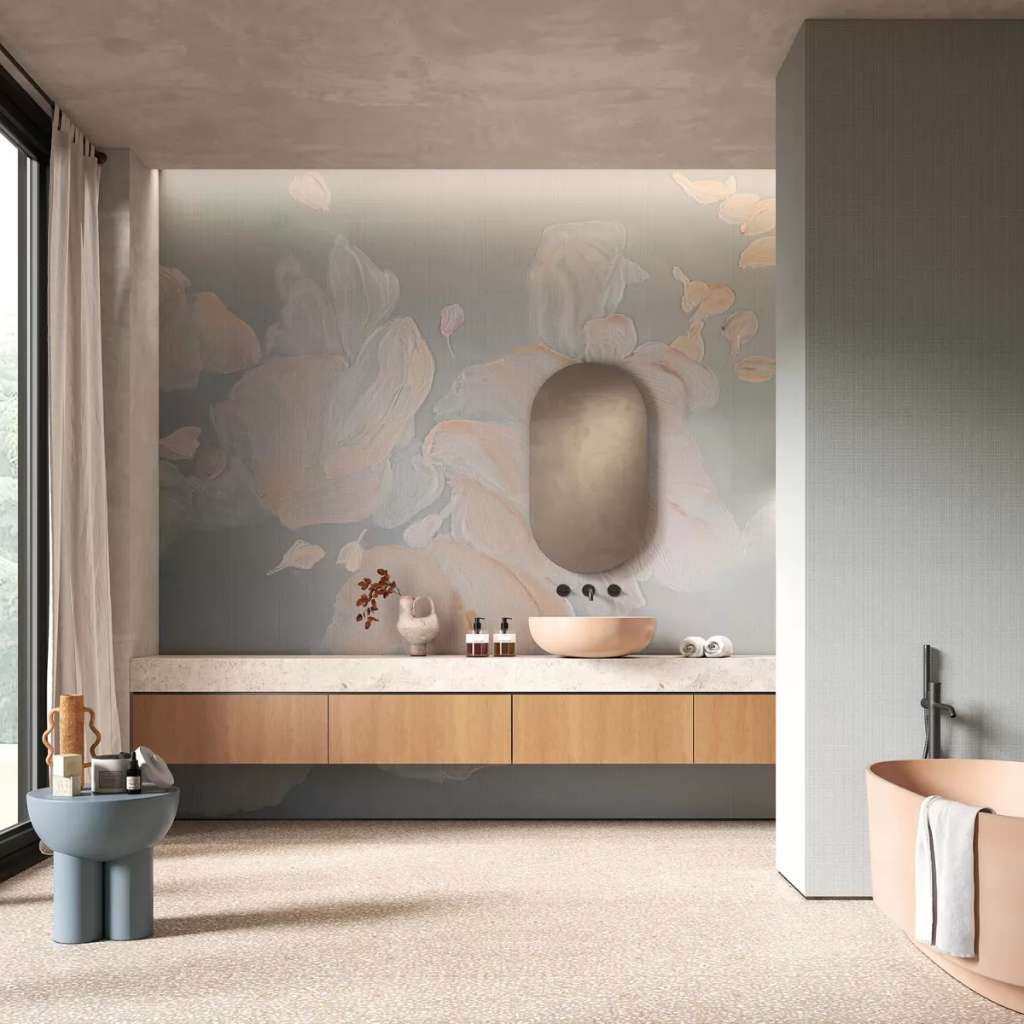Tecnografica's tranquil bathroom design featuring soft pastel wall murals and sleek fixtures
