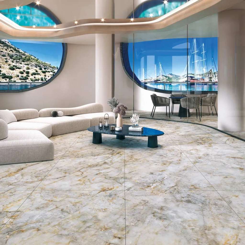 Tecnografica's luxurious living room with stone-like textures and glowing lighting.