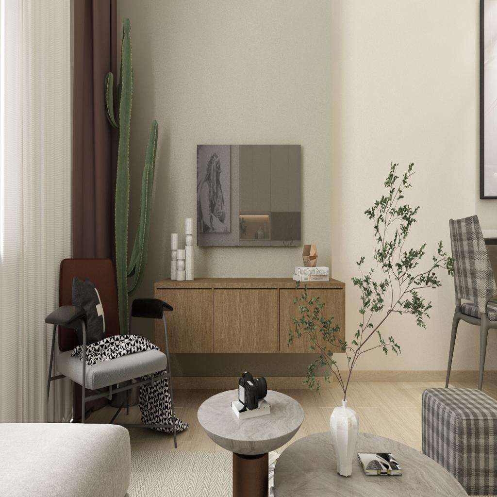 Modern living room with minimalist furniture and natural elements by Albedo Design.