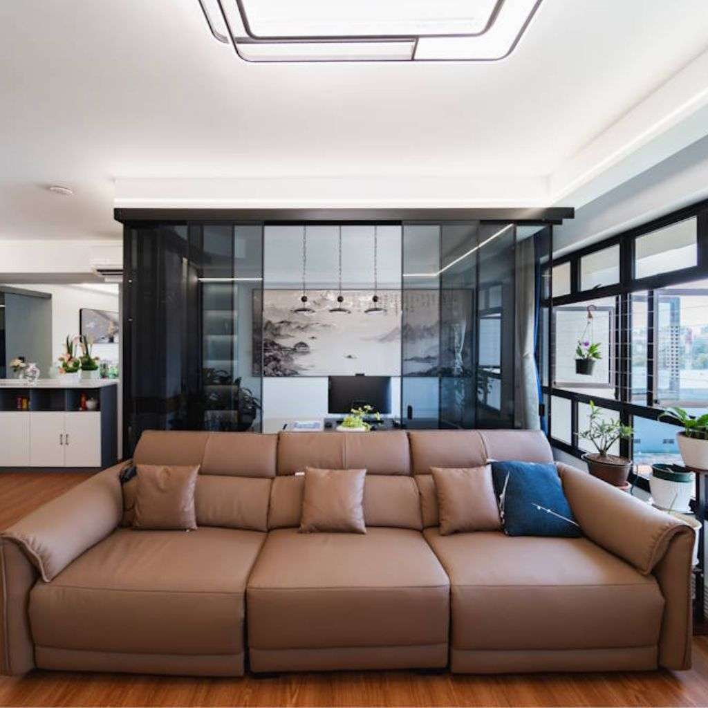 Modern sofa set by Albedo Design in a minimalist living room with sleek leather upholstery.
