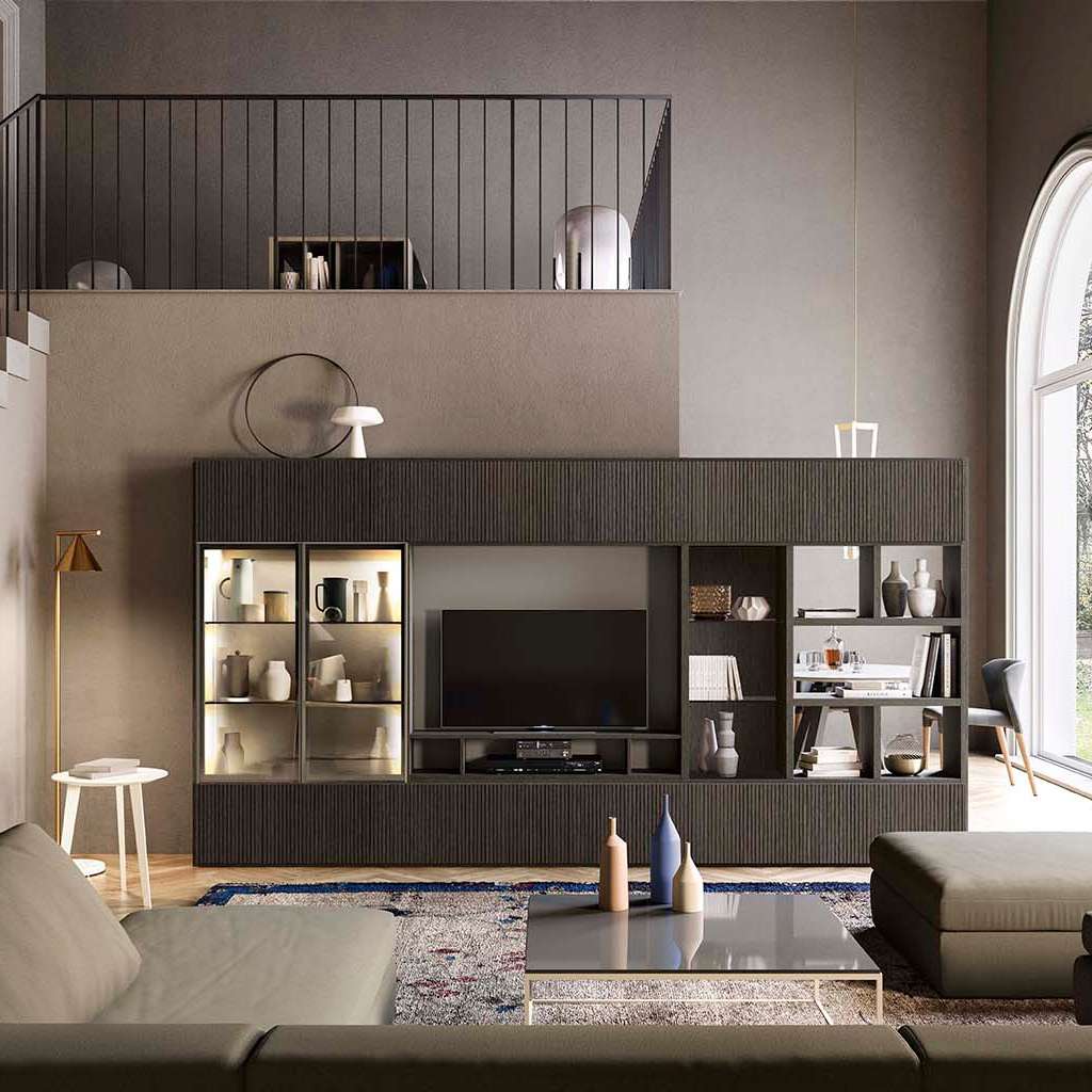 Alf DaFre living wall system with TV niche, lit display cabinets and shelves.