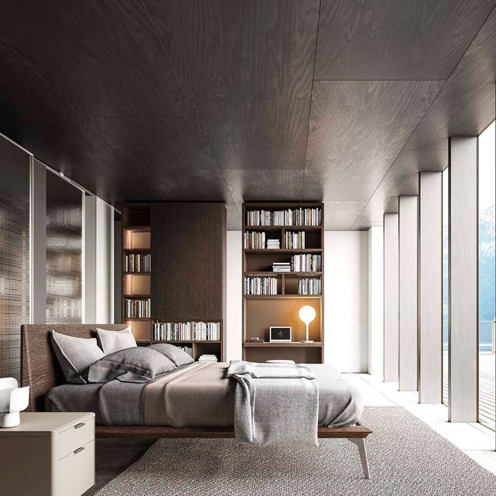 Alf DaFre upholstered bed, wood panelling and shelves, floor to ceiling windows.