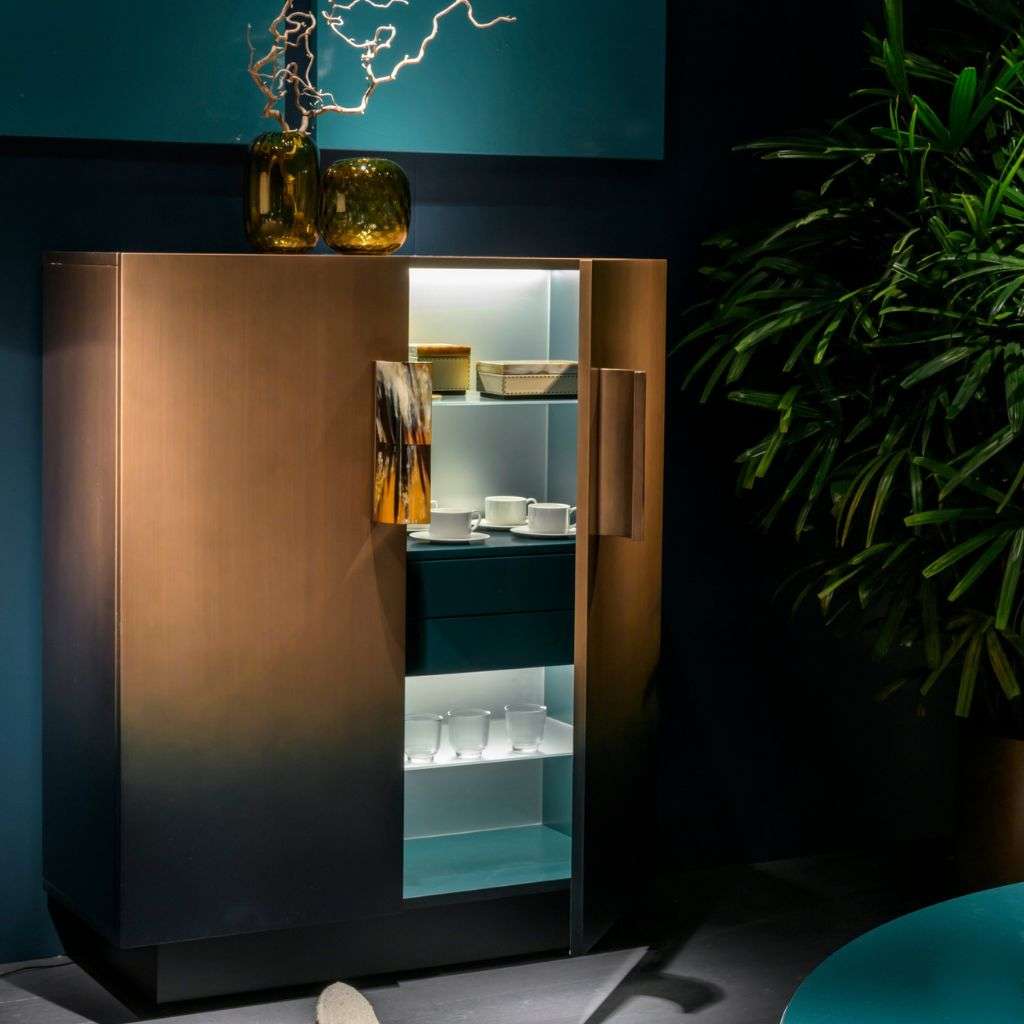 Arcahorn cabinet with a gradient finish, illuminated shelves, and stylish modern decor.