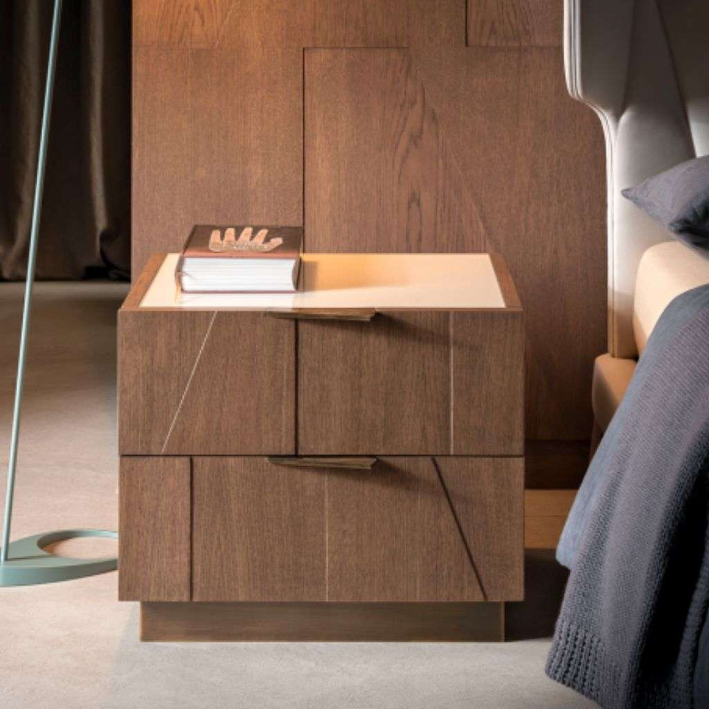 Bamax bedside table with unique drawer design and soft lighting.