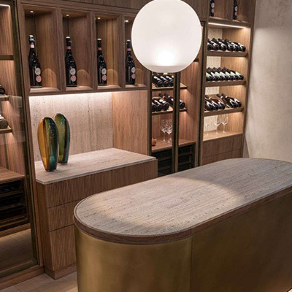 Bamax wine storage area with modern lighting and elegant decor.