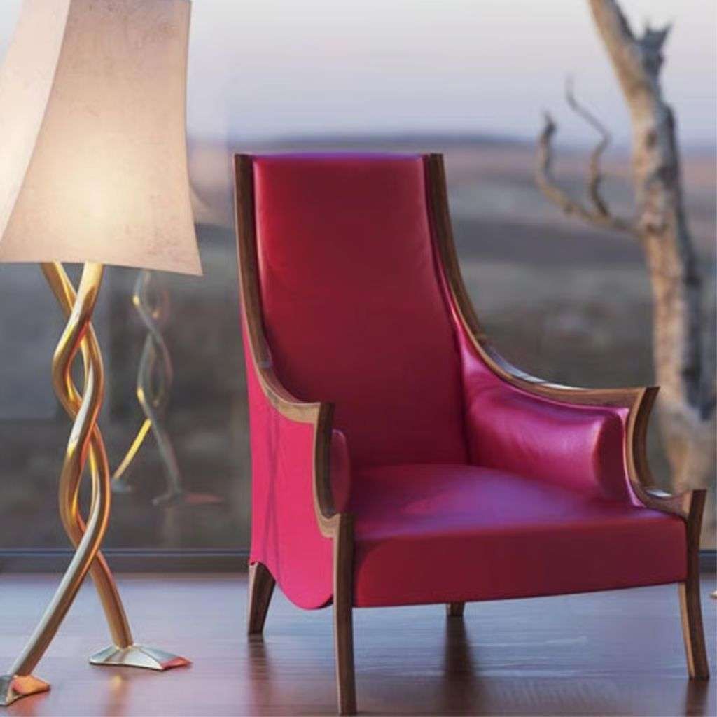 Red leather Bateye armchair with wooden frame beside artistic lamp.