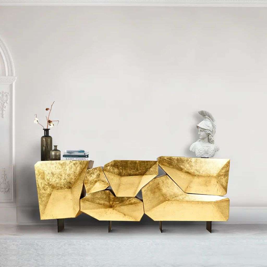 Luxury gold Bateye sideboard with sculptural geometric design.