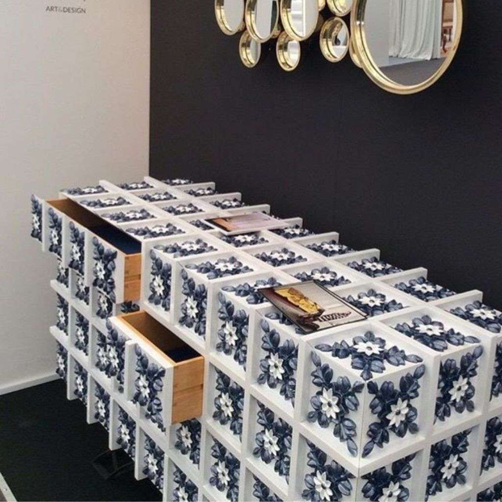Floral patterned Bateye sideboard with artistic white and blue drawers.