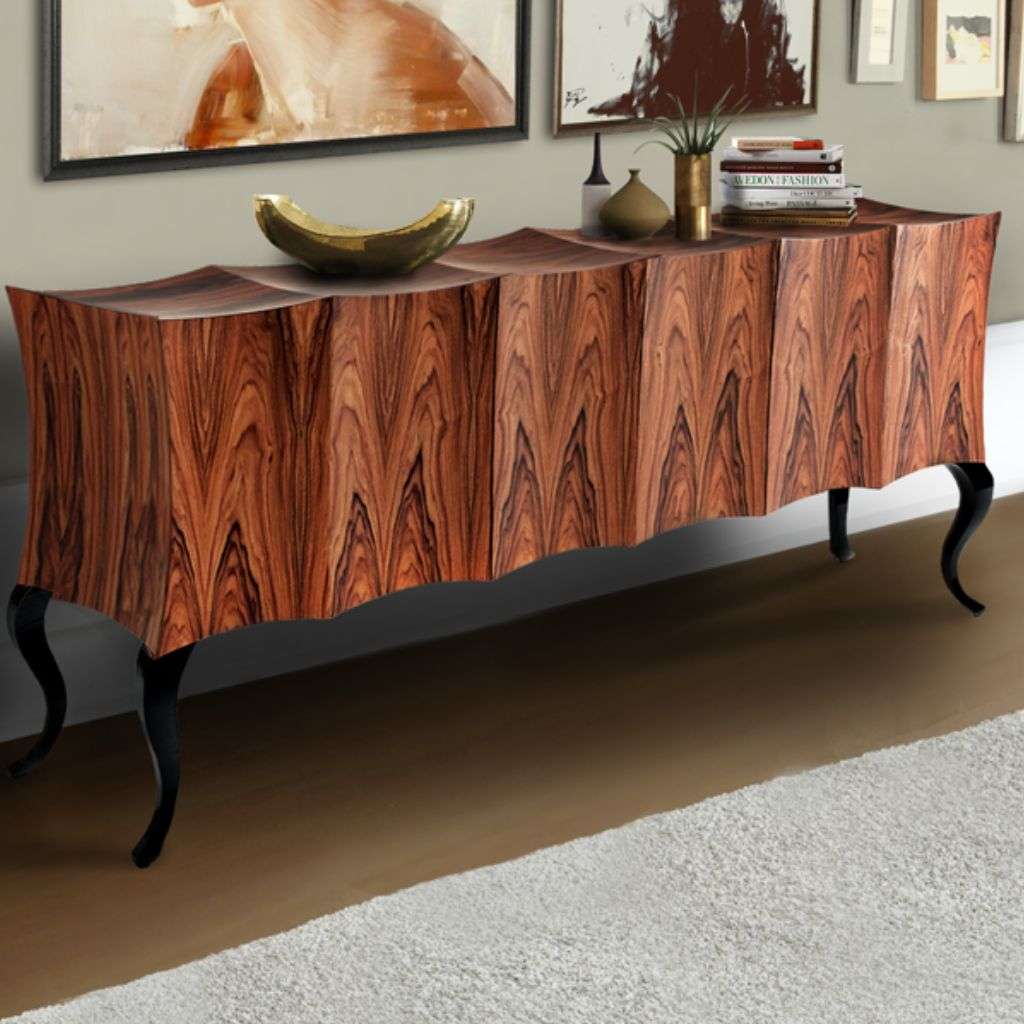 Elegant Bateye wooden sideboard with curved design and black legs.