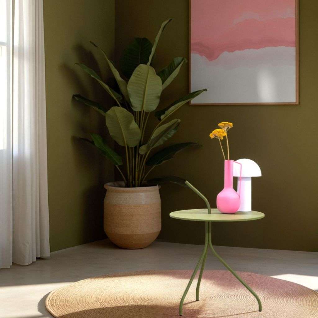 Bert Plantagie vibrant living corner with plants, colorful vase, and artistic table.