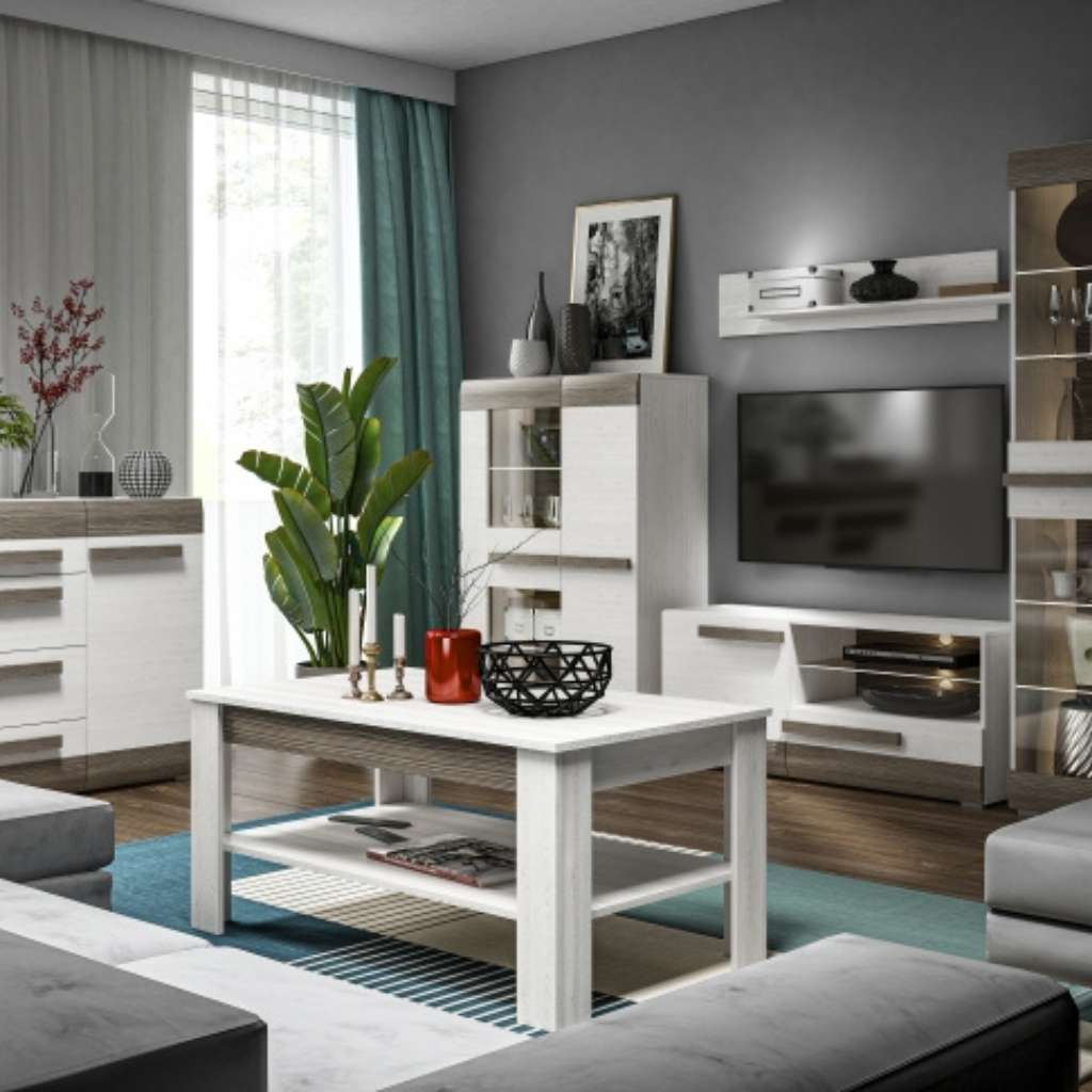 Blanco living room design with modern furniture and neutral tones.