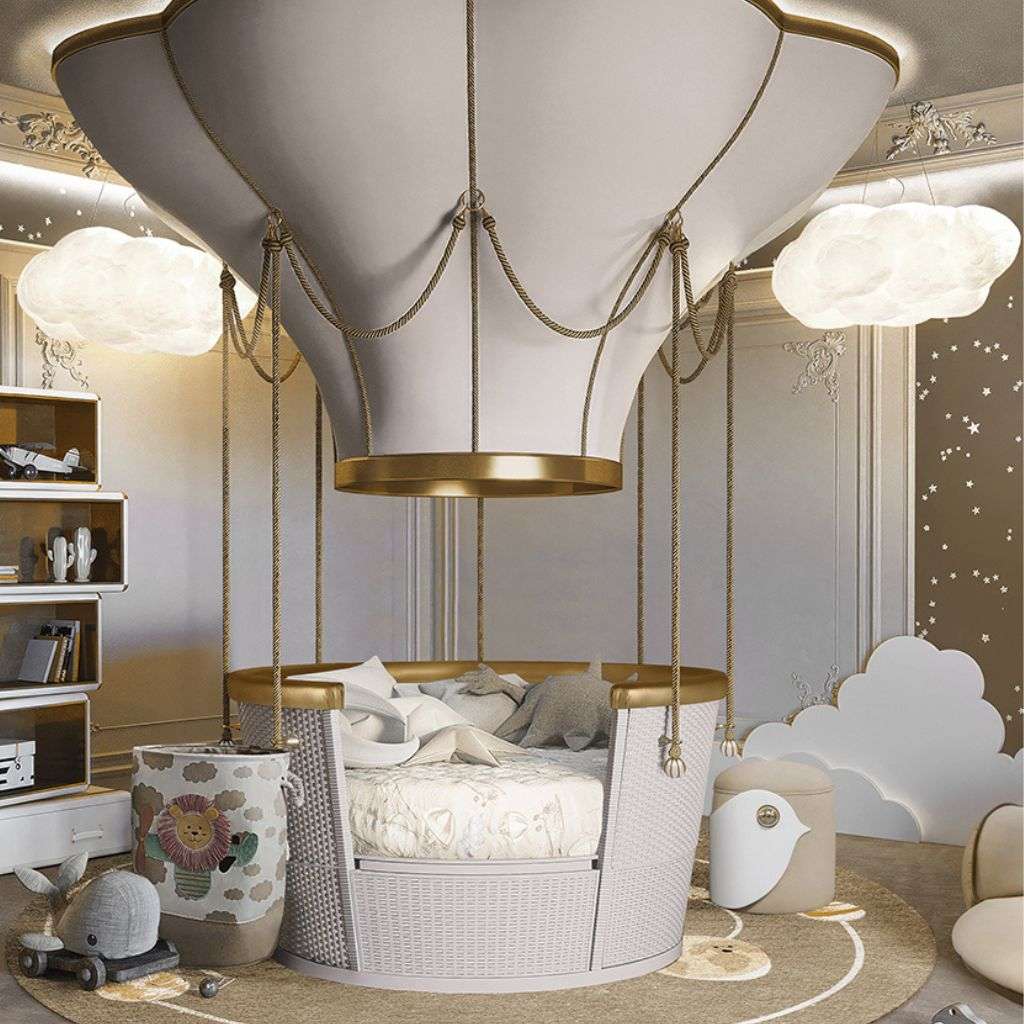 Boca do Lobo's whimsical hot air balloon-inspired crib, a standout piece in children's room design.