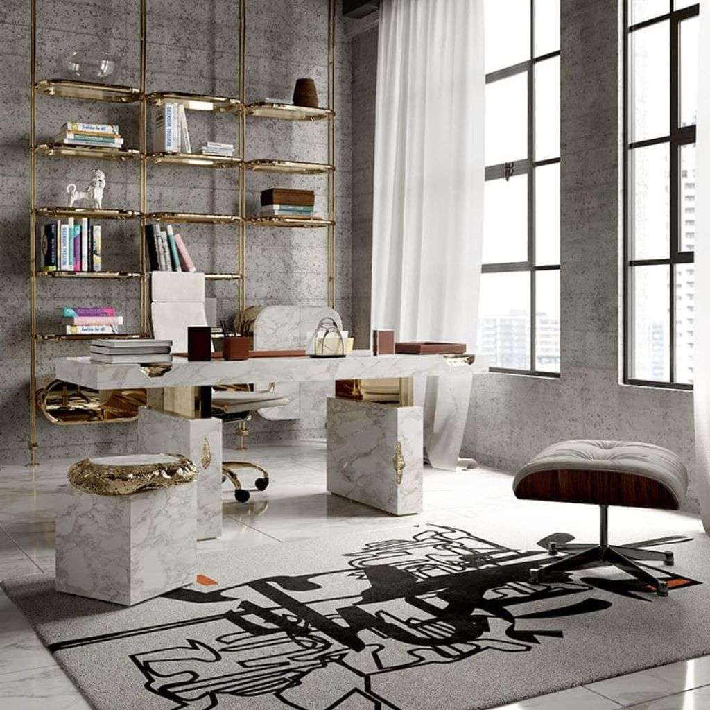Boca do Lobo's marble desk and luxurious office furniture, combining modern style with craftsmanship.