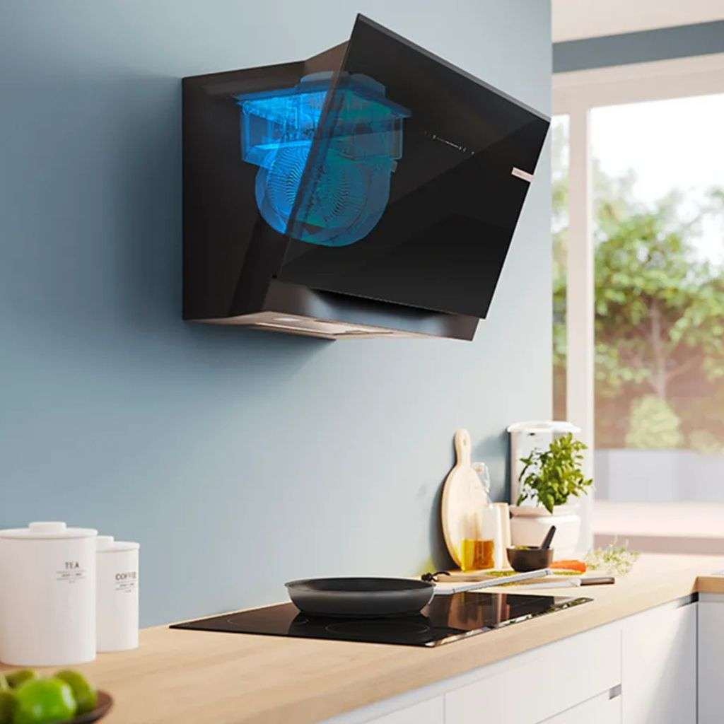 Bosch kitchen hood above a stove, enhancing the cooking experience.