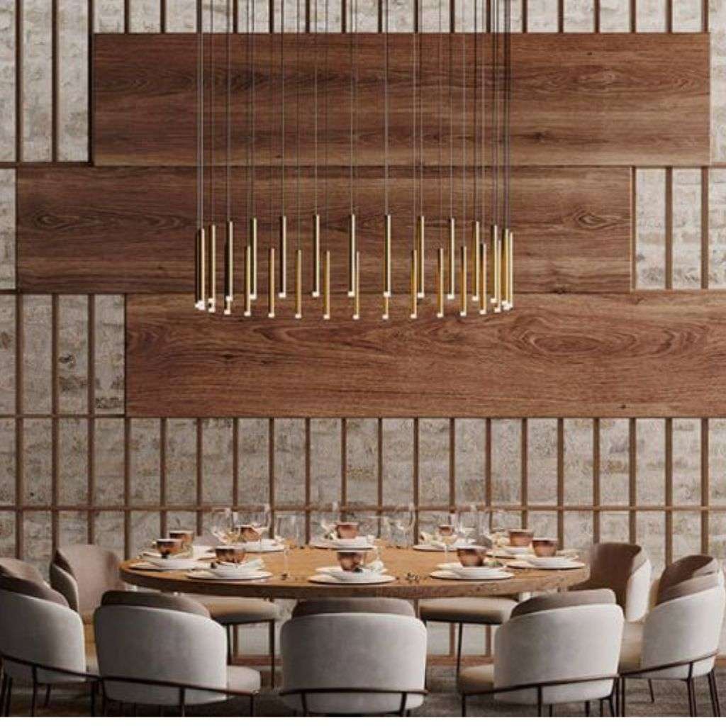 Bover modern chandelier over a luxurious dining table.