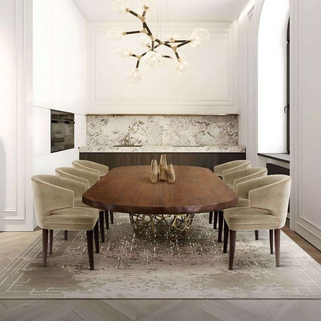 Brabbu's luxurious dining set features an elegant combination of wood and plush seating.