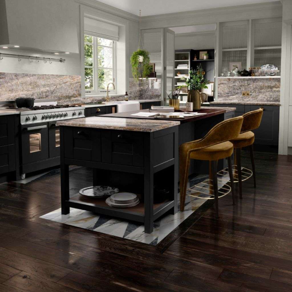 Brabbu's sleek kitchen with rich marble accents and stylish bar stools delivers elegance.