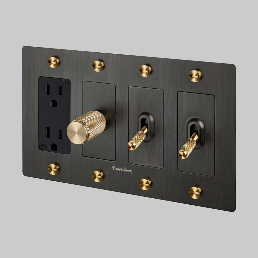 Buster and Punch 3-way switches with knurled knobs and brass accents.