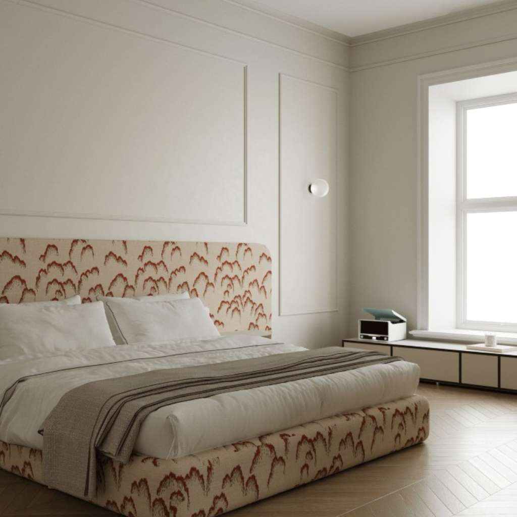 Dedar minimalist bedroom with sleek furniture and natural wood flooring.