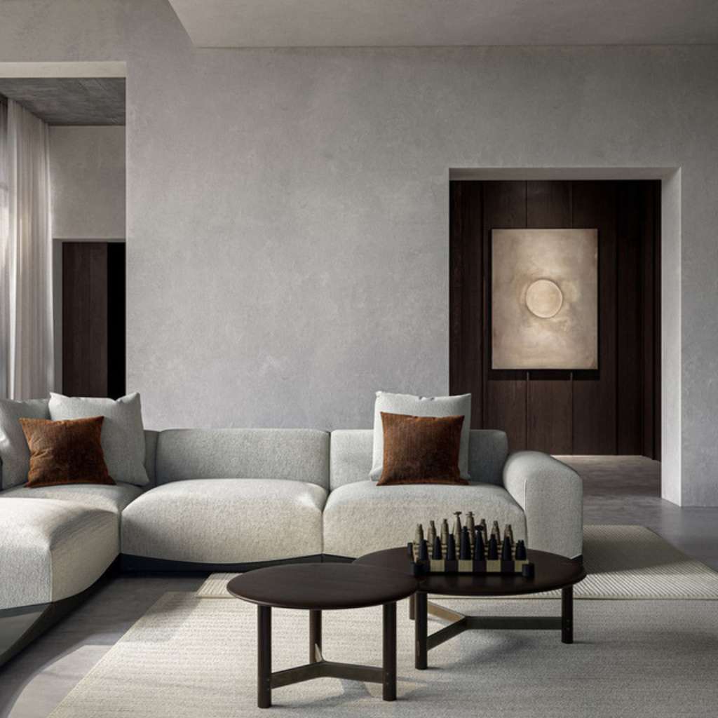 District Eight living room with minimalist decor, modern sofa.