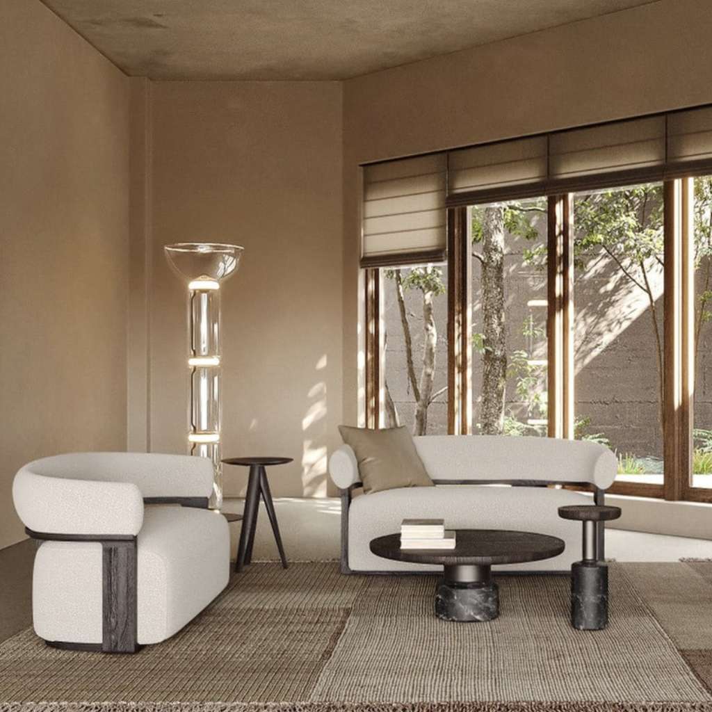 District Eight Lola sofa set with contemporary design in neutral tones and wood accents.