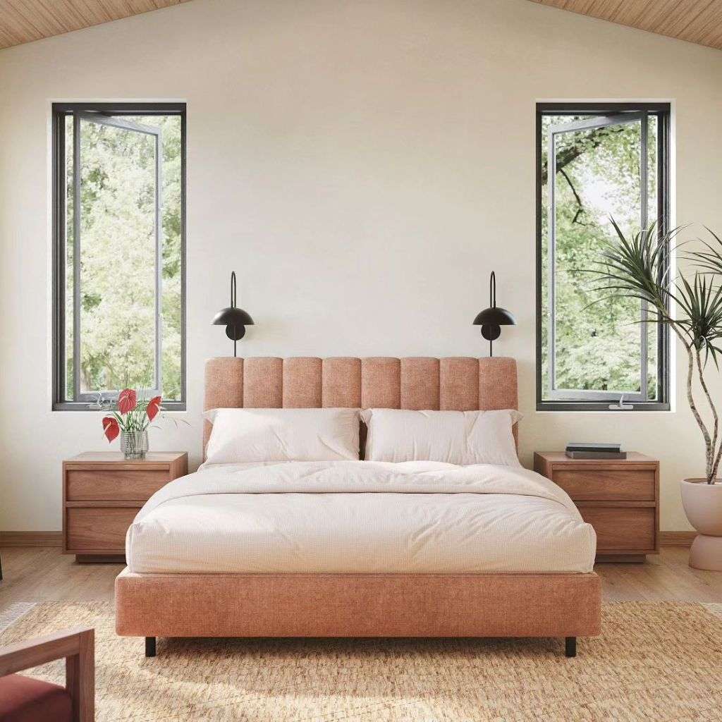 A cozy, refined DK Modern bed design with neutral tones, creating a calming and sophisticated atmosphere.