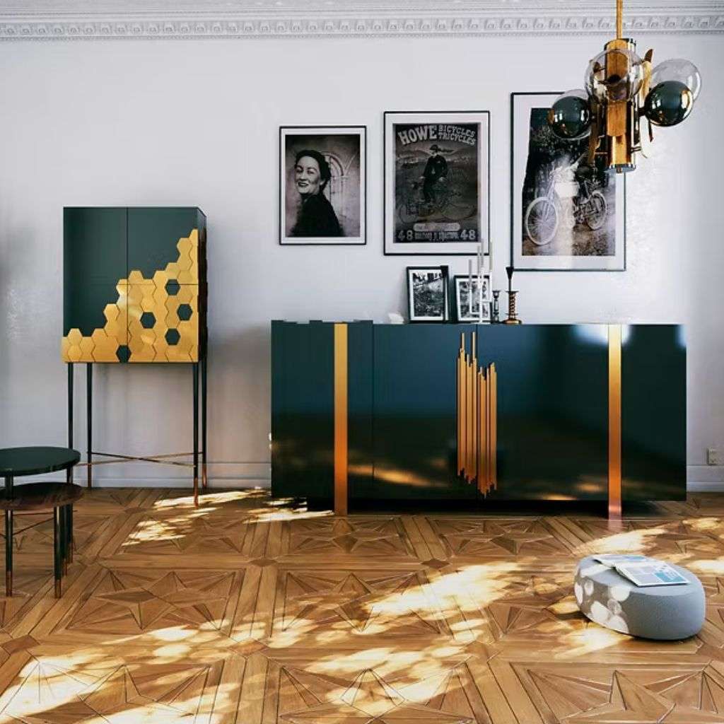 Duquesa & Malvada teal sideboard and tall bar cabinet with gold accents