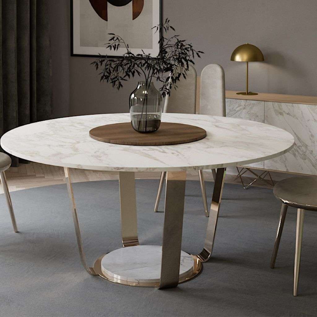 Duquesa & Malvada round white marble dining table with polished brass base