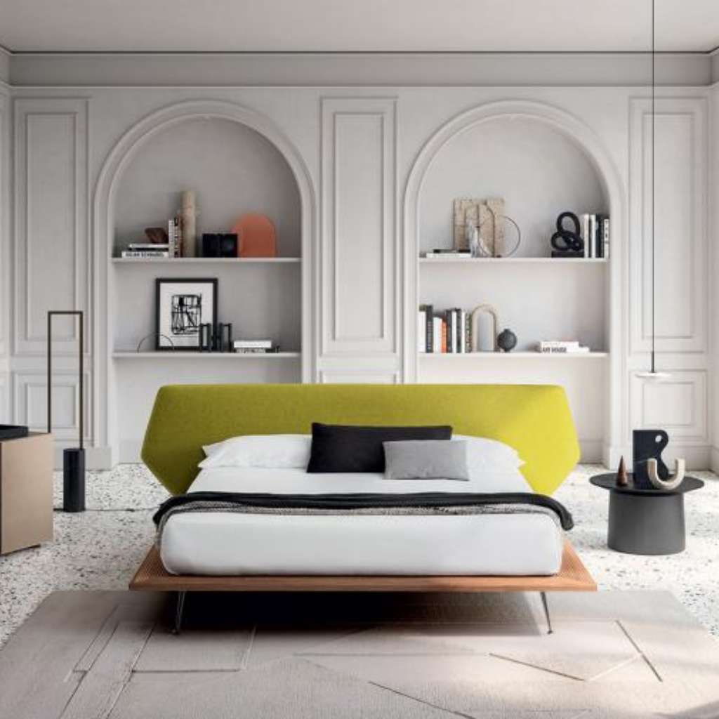 Felix contemporary bedroom with a bold green headboard and minimalist decor